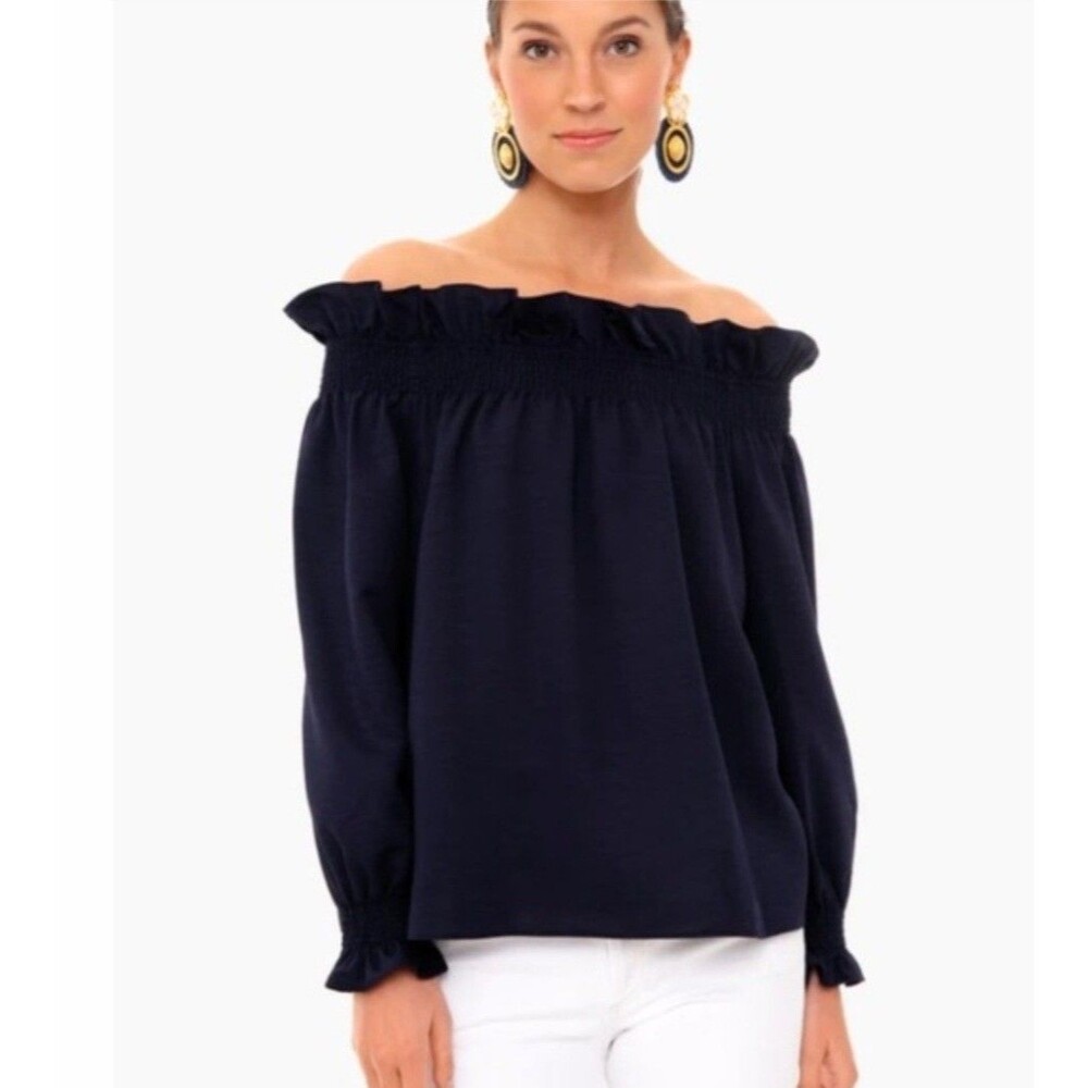 NWOTs Tuckernuck Navy Off the Shoulder Marguerite Blouse Ruffle Sleeve Top XXS
